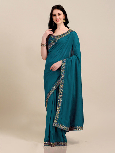

Lady Style Women Turquoise Blue & Gold-Toned Embroidered Pure Silk Tussar Saree