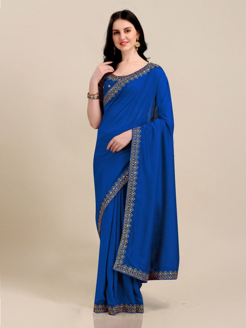 

Lady Style Women Blue & Gold-Toned Embroidered Pure Silk Tussar Saree