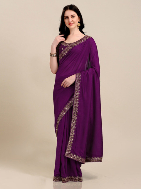 

Lady Style Purple & Gold-Toned Embroidered Pure Silk Tussar Saree