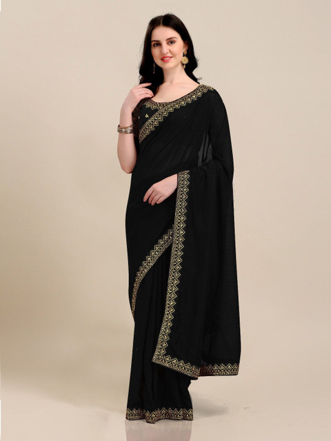 

Lady Style Black & Gold-Toned Embroidered Pure Silk Tussar Saree