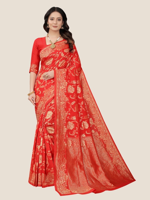

Anjaneya Sarees Red & Gold-Toned Woven Design Zari Silk Blend Saree
