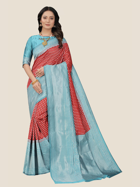

Anjaneya Sarees Red & Teal Woven Design Zari Silk Blend Saree
