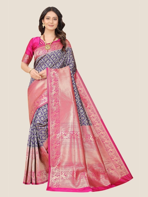 

Anjaneya Sarees Blue & Pink Woven Design Zari Silk Blend Saree