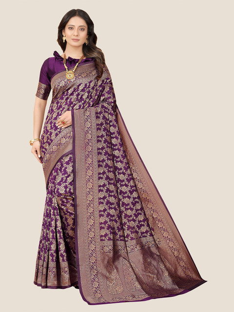 

Anjaneya Sarees Purple & Gold-Toned Woven Design Zari Silk Blend Saree