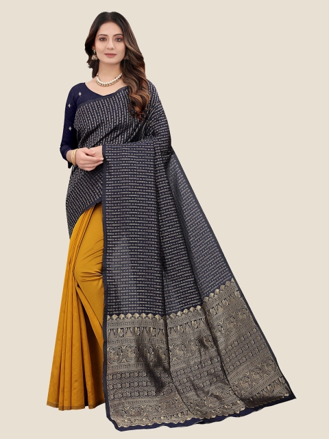 

Anjaneya Sarees Blue & Mustard Woven Design Zari Silk Blend Saree