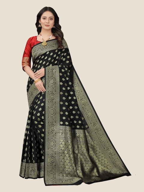 

Anjaneya Sarees Black & Gold-Toned Woven Design Zari Silk Blend Saree