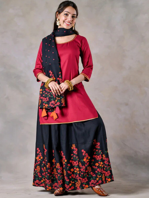 

Rustorange Women Maroon Floral Embroidered Empire Kurti with Sharara