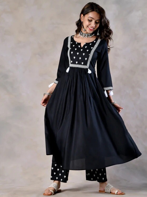 

Rustorange Women Black Floral Embroidered Empire Kurti with Palazzos & With Dupatta