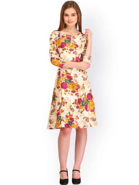 

Cottinfab Women Mustard Yellow & Cream Printed Fit & Flare Dress