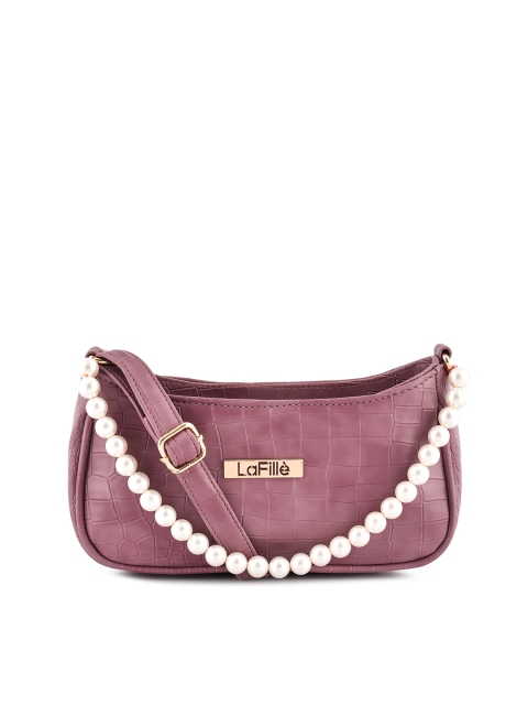 

LaFille Purple Pearl Beaded Shoulder Strap Textured Half Moon Clutch