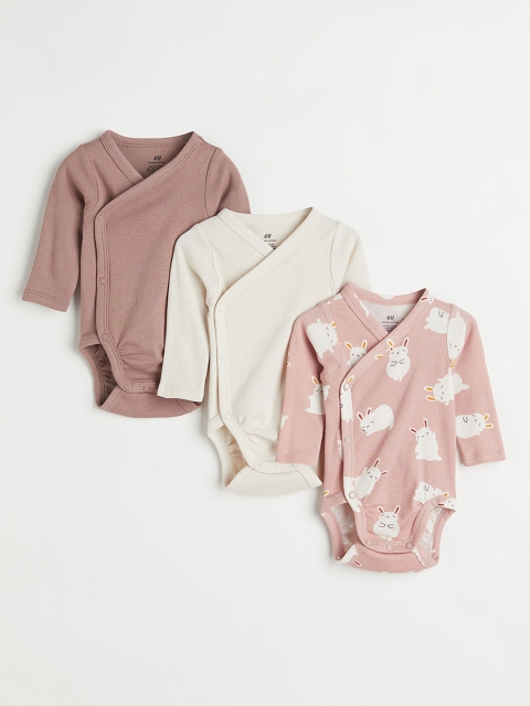 

H&M Infant Girls Printed Cotton 3-Pack Long-Sleeved Bodysuits, Brown