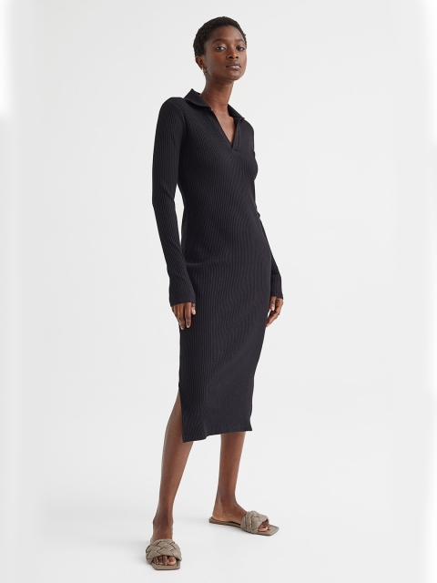 

H&M Black Collared Ribbed Sheath Midi Dress