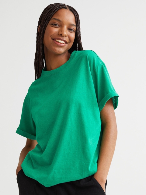 

H&M Women Green Solid Cotton T-Shirt