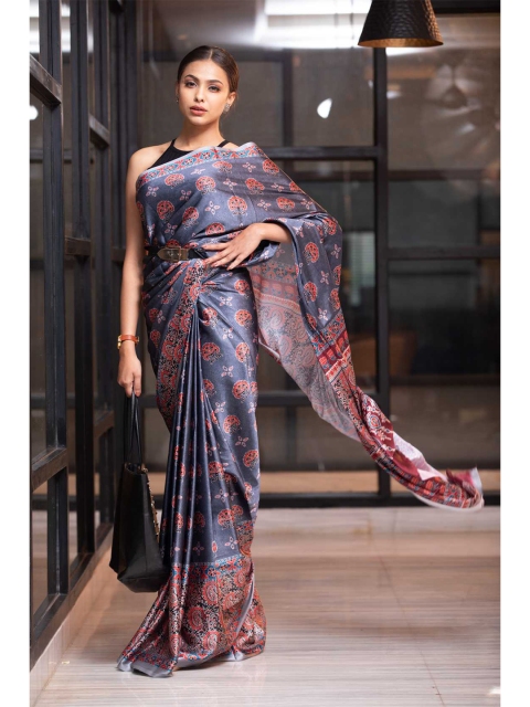 

KARAGIRI Blue & Orange Floral Silk Blend Saree