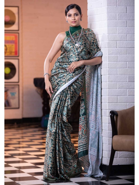 

KARAGIRI Green & Brown Floral Silk Blend Saree