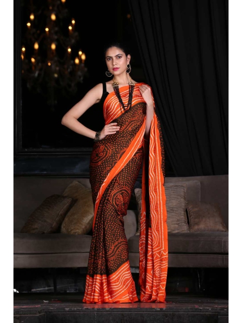 

KARAGIRI Black & Orange Bandhani Silk Blend Saree