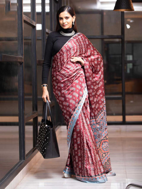 

KARAGIRI Red & Black Floral Silk Blend Saree