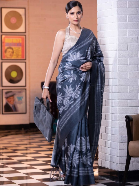 

KARAGIRI Blue & Grey Floral Silk Blend Saree