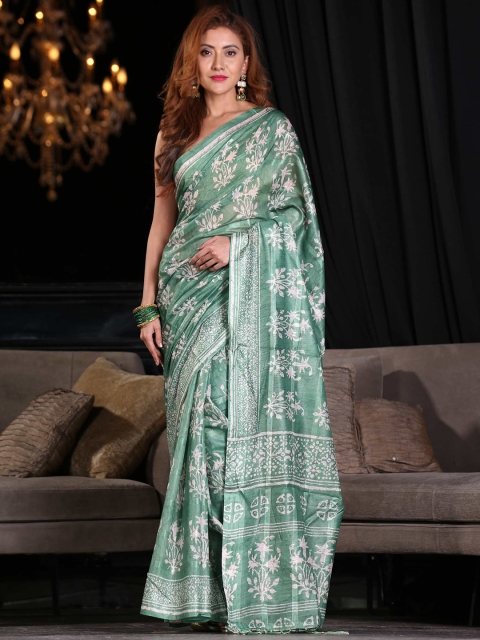 

KARAGIRI Green & White Floral Silk Blend Saree
