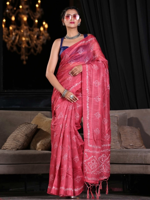 

KARAGIRI Red & Grey Batik Silk Blend Saree