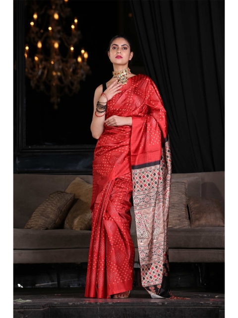 

KARAGIRI Red & Black Digital Print Silk Blend Saree