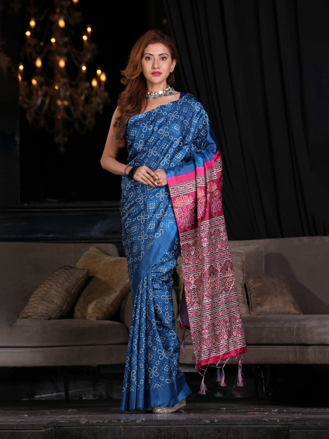 

KARAGIRI Blue & Pink Bandhani Silk Blend Saree