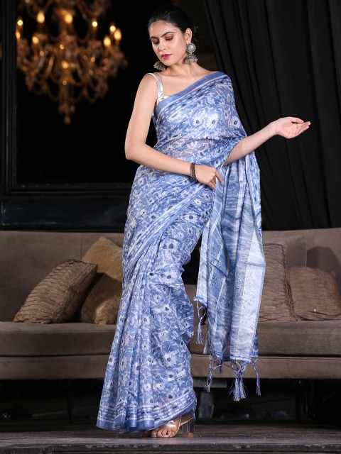 

KARAGIRI Blue & White Digital Printed Silk Blend Saree