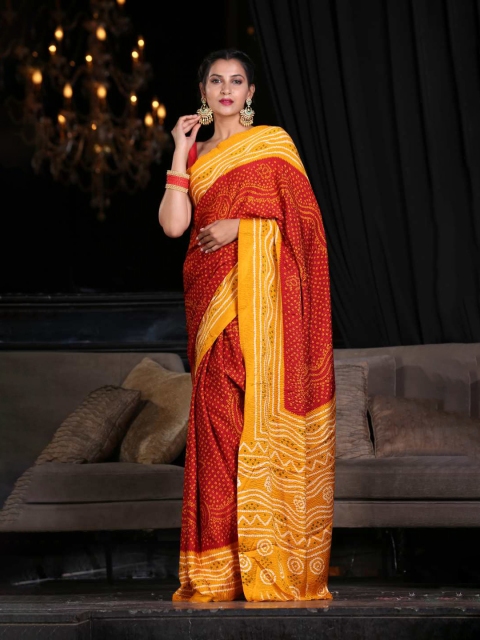 

KARAGIRI Women Brown & Yellow Bandhani Silk Blend Saree