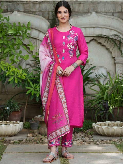 

Juniper Women Pink Floral Embroidered Kurta with Trousers & With Dupatta
