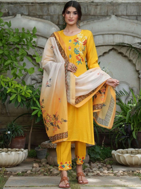 

Juniper Women Yellow Ethnic Motifs Embroidered Kurta with Palazzos & Dupatta