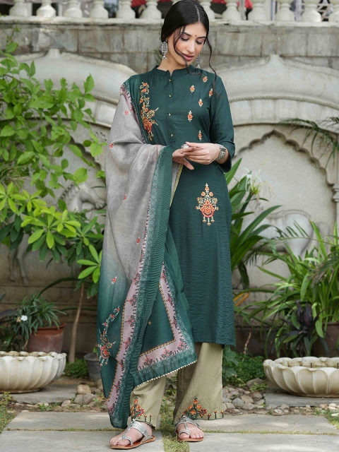 

Juniper Women Green Ethnic Motifs Embroidered Kurta with Palazzos & With Dupatta