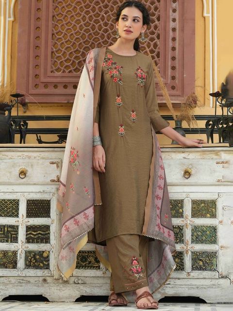 

Juniper Women Green Ethnic Motifs Embroidered Panelled Kurta with Trousers & With Dupatta