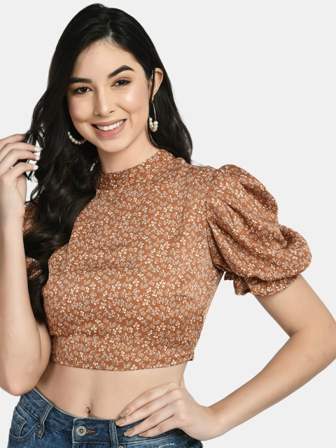 

NIXX Rust Floral Print High Neck Crepe Crop Top