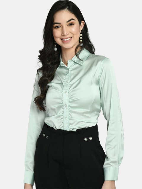 

NIXX Sea Green Shirt Collar Satin Shirt Style Top