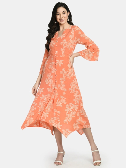 

NIXX Peach-Coloured Floral A-Line Midi Dress