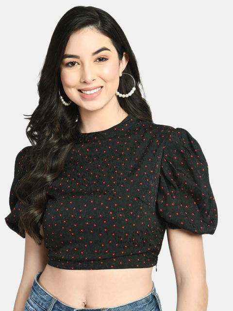 

NIXX Black Print Puff Sleeves Crepe Crop Top