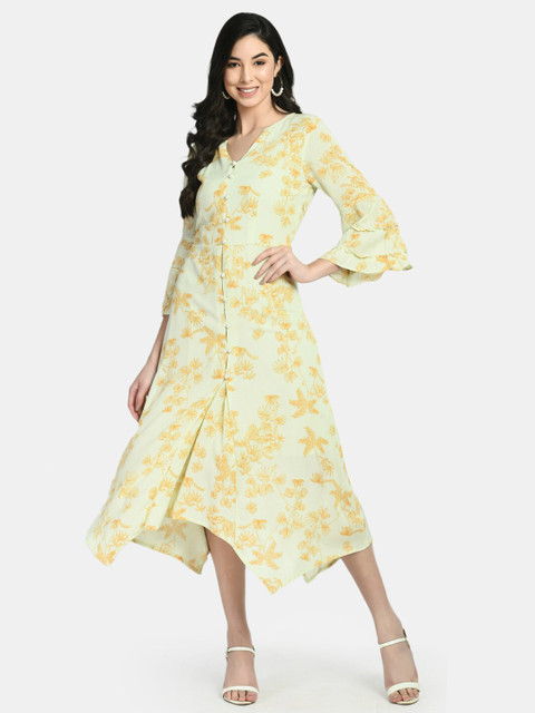 

NIXX Off White & Yellow Floral A-Line Midi Dress