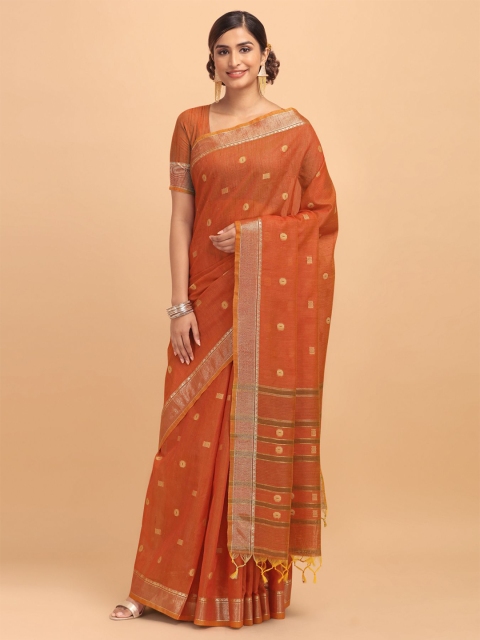 

VISHNU WEAVES Green & Orange Woven Design Zari Pure Cotton Sambalpuri Saree