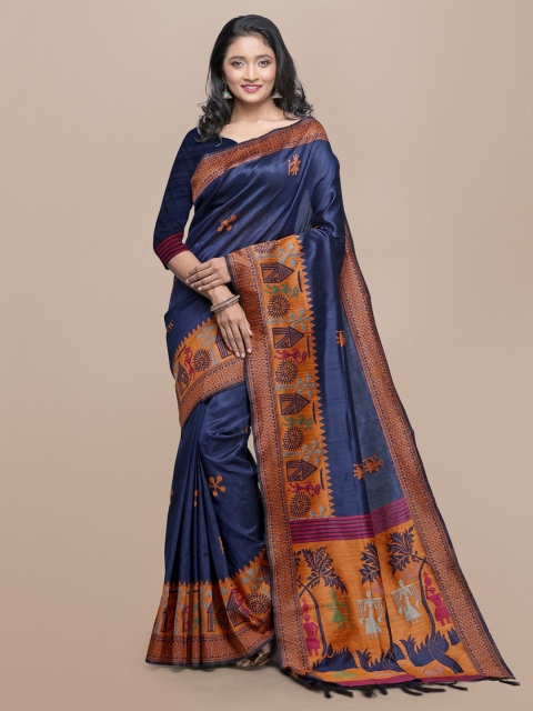

VISHNU WEAVES Blue & Orange Warli Silk Blend Bhagalpuri Saree