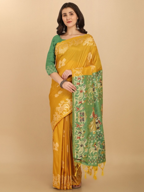 

VISHNU WEAVES Yellow & Green Woven Design Zari Silk Blend Banarasi Saree