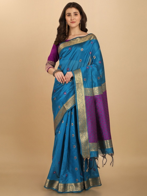 

VISHNU WEAVES Blue & Gold-Toned Woven Design Zari Silk Blend Banarasi Saree