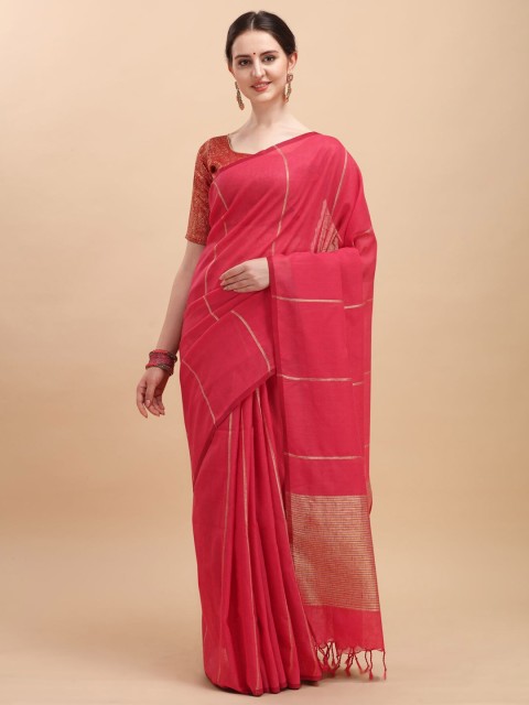 

VISHNU WEAVES Turquoise Blue & Gold-Toned Woven Design Zari Pure Linen Banarasi Saree