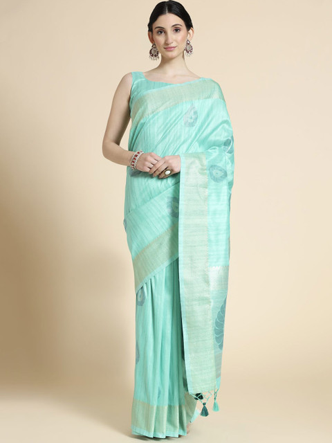 

VISHNU WEAVES Turquoise Blue Woven Design Zari Silk Blend Muga Saree