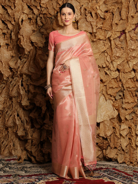 

VISHNU WEAVES Pink & Gold-Toned Woven Design Zari Tissue Banarasi Saree