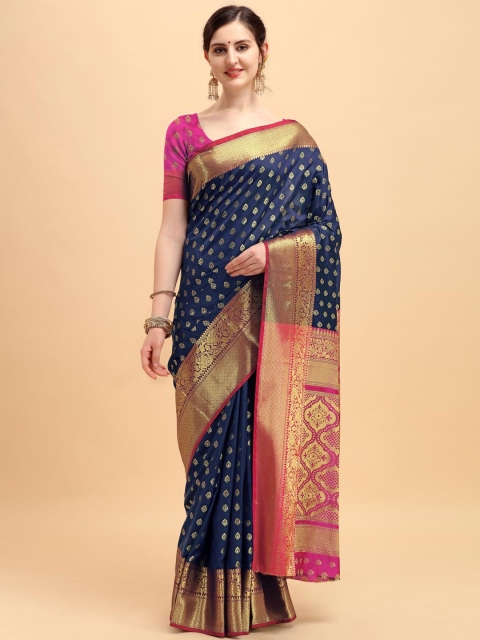 

VISHNU WEAVES Black & Pink Ethnic Motifs Zari Banarasi Saree