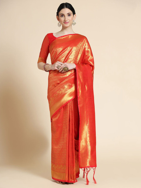 

VISHNU WEAVES Pink Woven Design Zari Silk Blend Kanjeevaram Saree