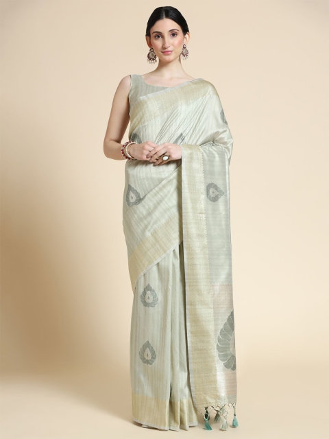 

VISHNU WEAVES Grey & Silver-Toned Woven Design Zari Silk Blend Muga Saree
