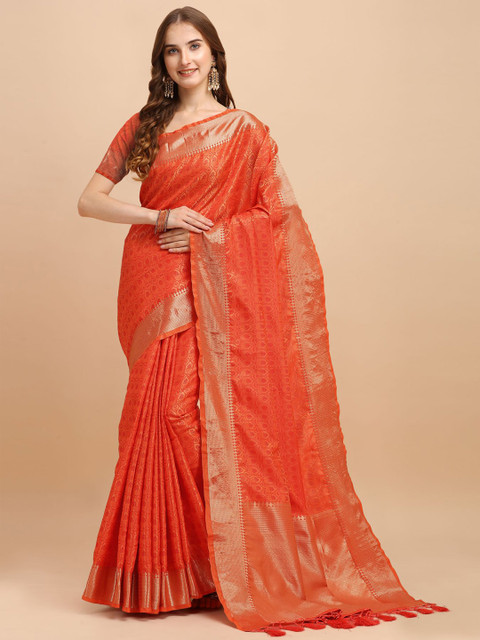 

VISHNU WEAVES Orange & Gold-Toned Woven Design Zari Banarasi Saree