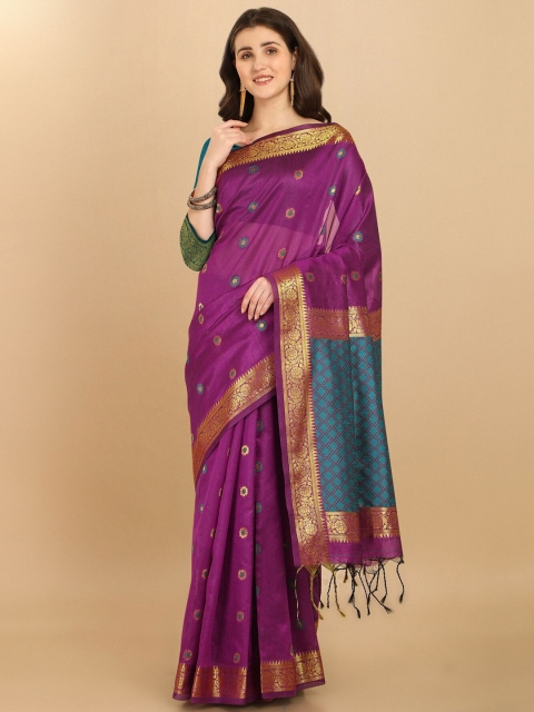 

VISHNU WEAVES Maroon & Teal Ethnic Motifs Zari Silk Blend Banarasi Saree