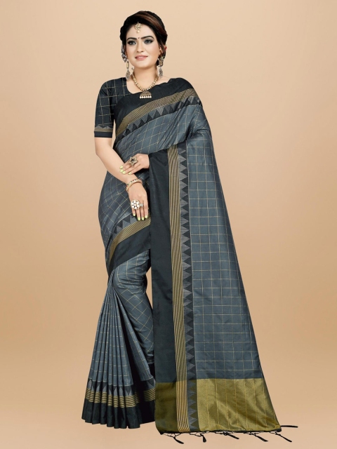 

VISHNU WEAVES Green & Black Checked Banarasi Saree